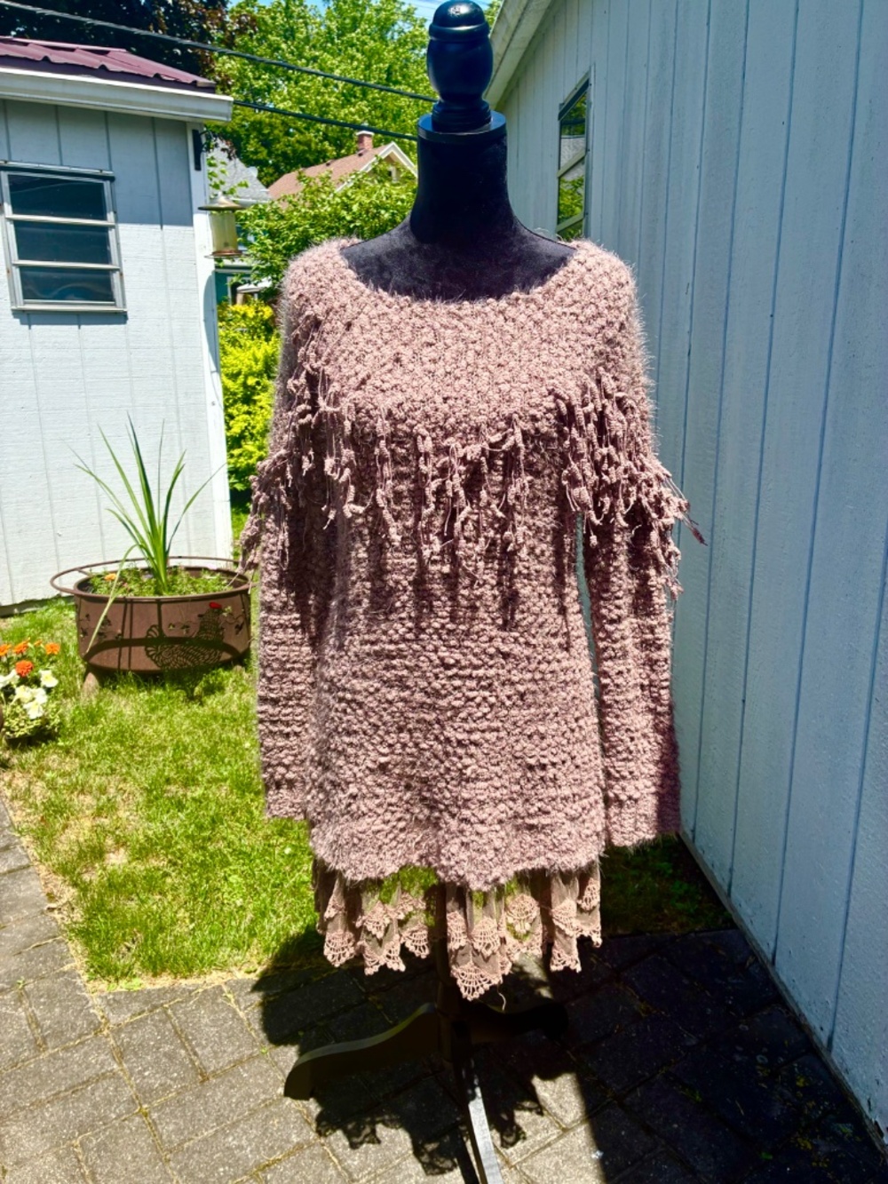 "Ryu" sweater/tunic, M/L,  fringe and lace, EUC
